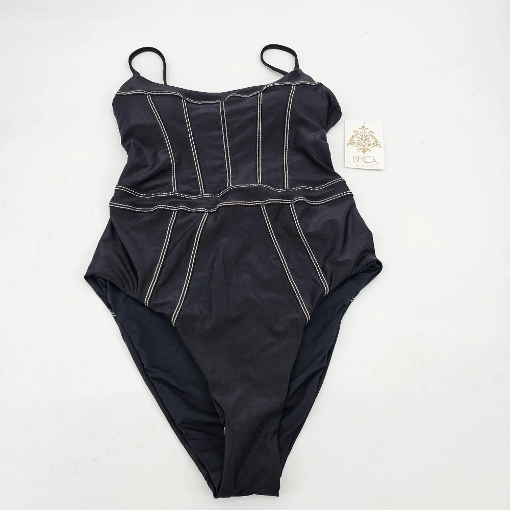 Becca Women's Black Color Sheen Corset-Seamed One-Piece Swimsuit Medium - Picture 3 of 7